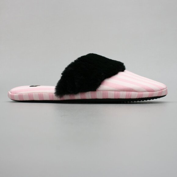 Victoria's Secret Ladies 9-10 L Pink Stripe Faux-Fur Satin House Shoes Slippers - Picture 5 of 10